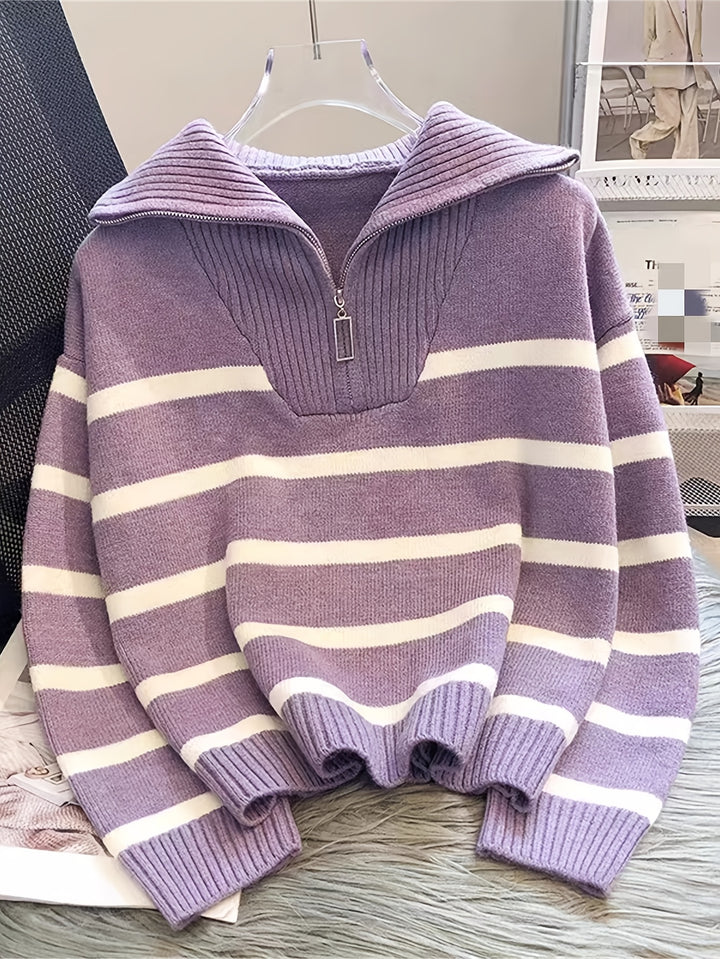 Penelope | Striped Half-Zip Collared Sweater