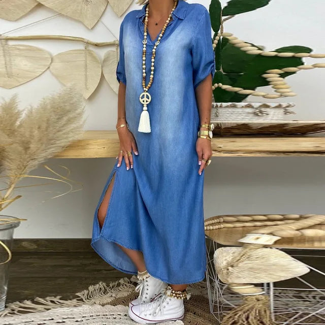 Fatima | Elegant Mid Sleeve V-Neck Plain Dress