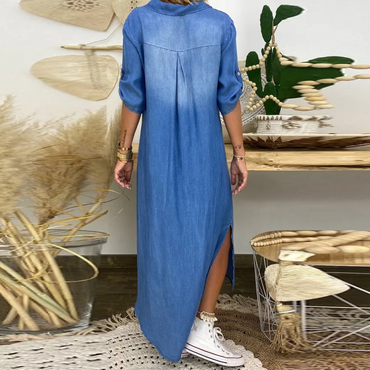 Fatima | Elegant Mid Sleeve V-Neck Plain Dress