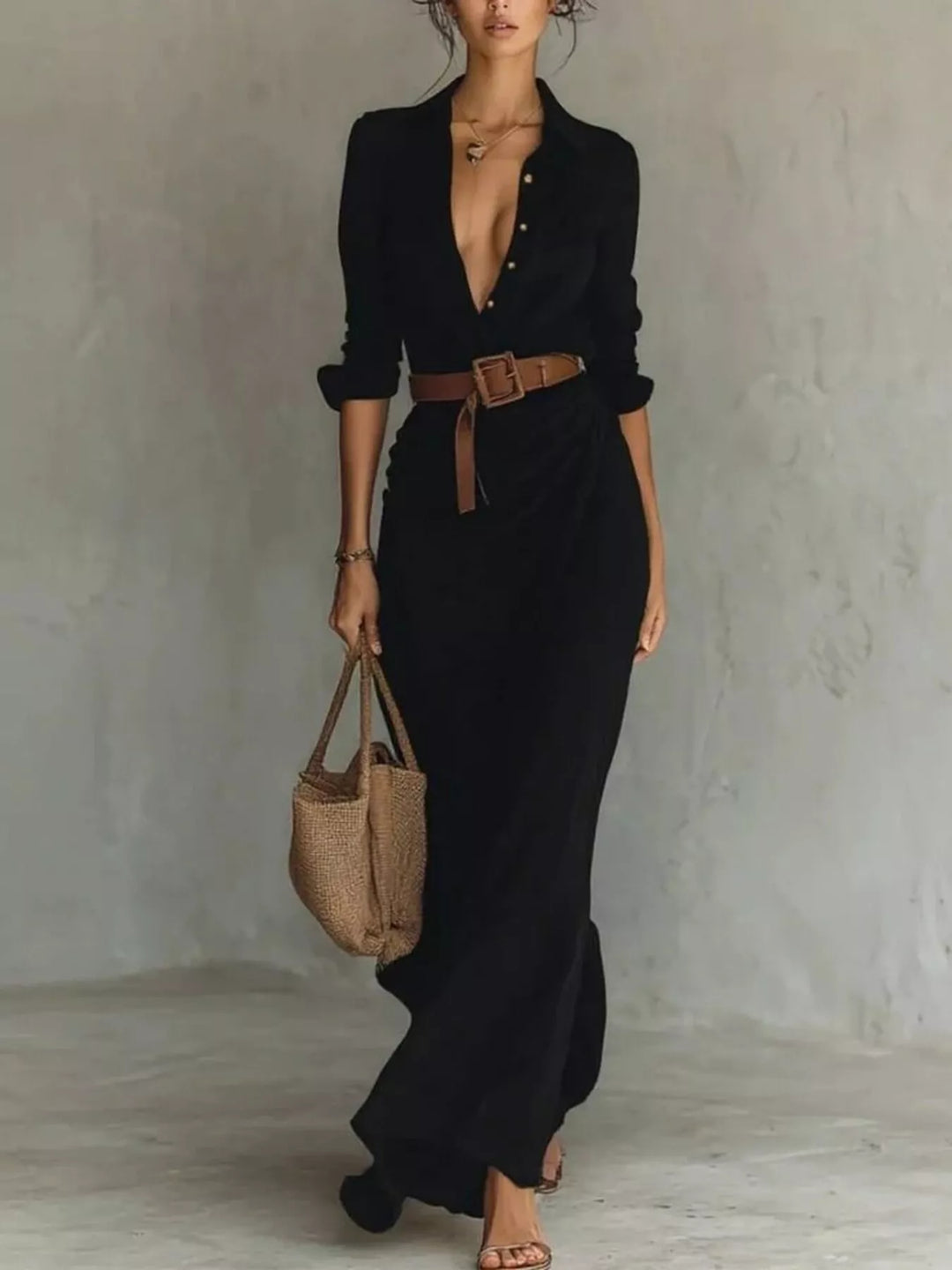 Verity | Elegant Belted Long Sleeve Maxi Dress