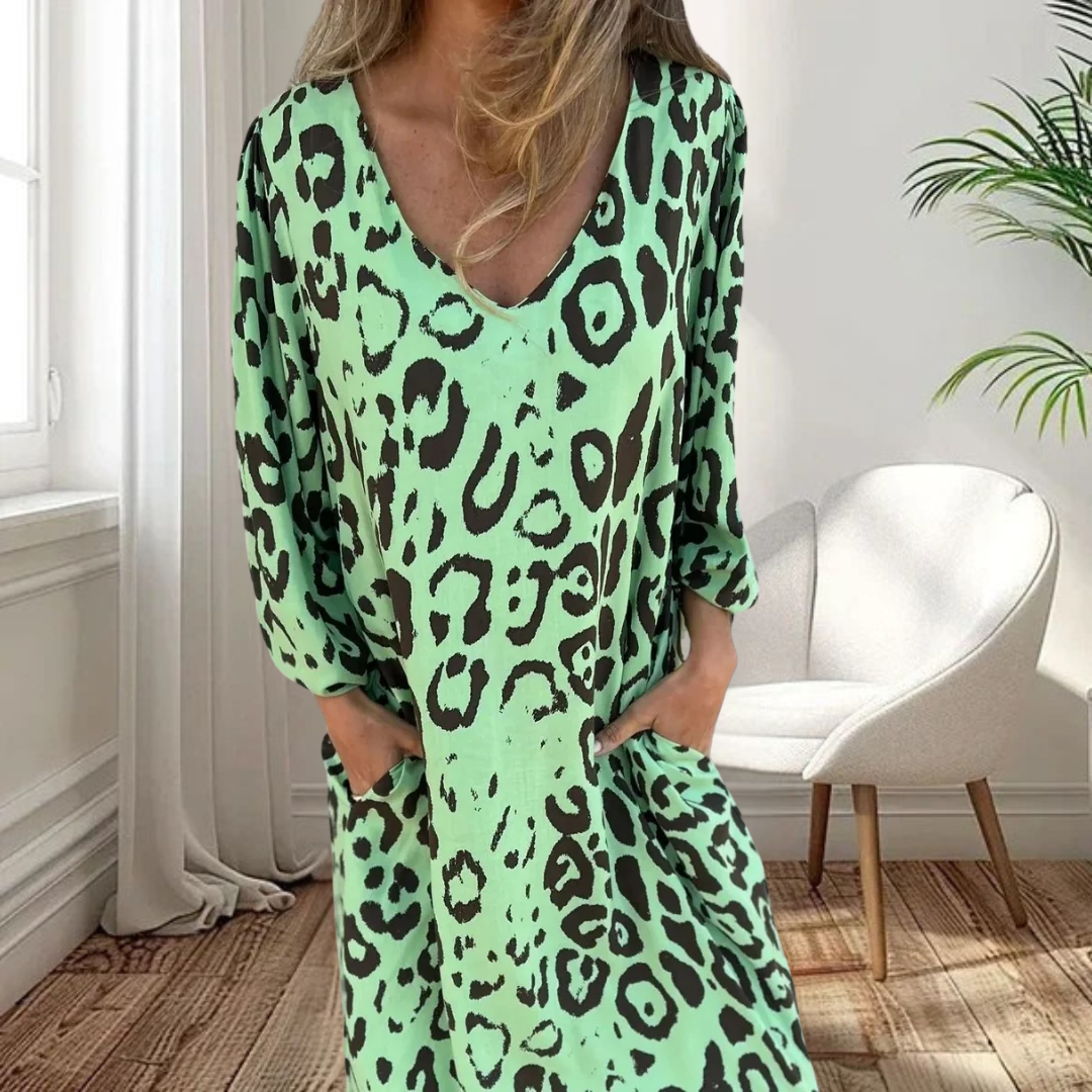 Louise | Stylish Long V-Neck Leopard Dress