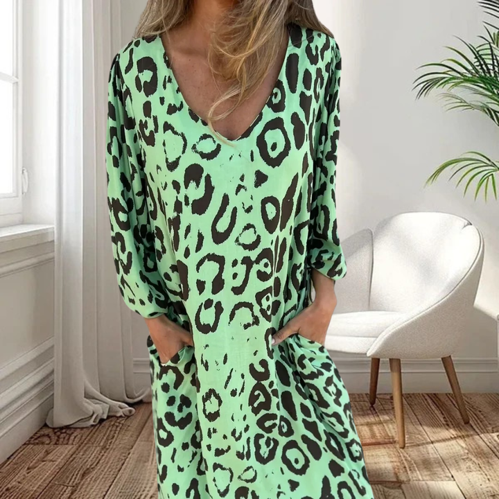 Louise | Stylish Long V-Neck Leopard Dress