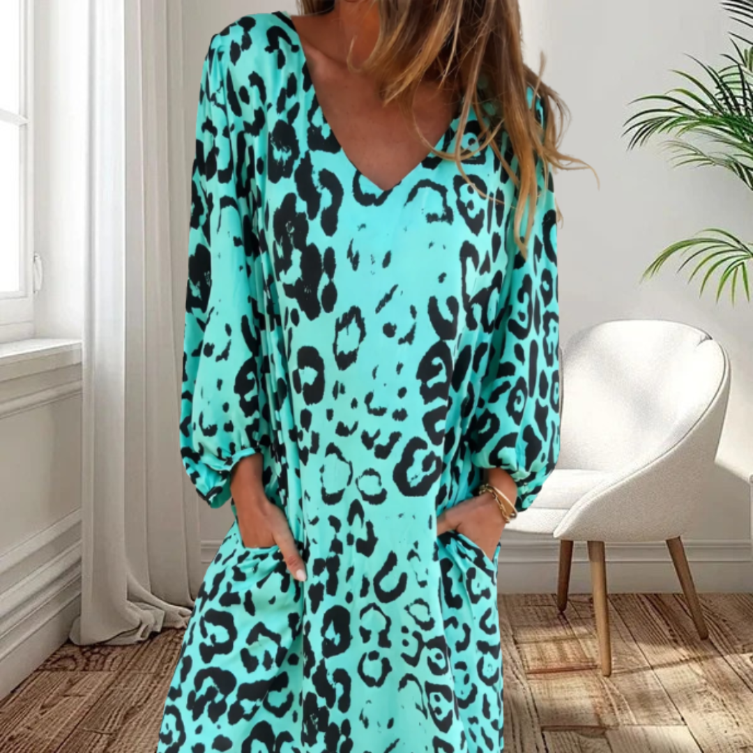 Louise | Stylish Long V-Neck Leopard Dress