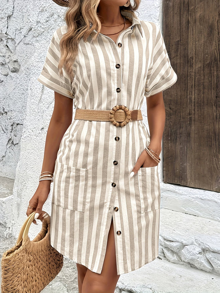 Yara | Retro Belted Striped Short Sleeve Dress