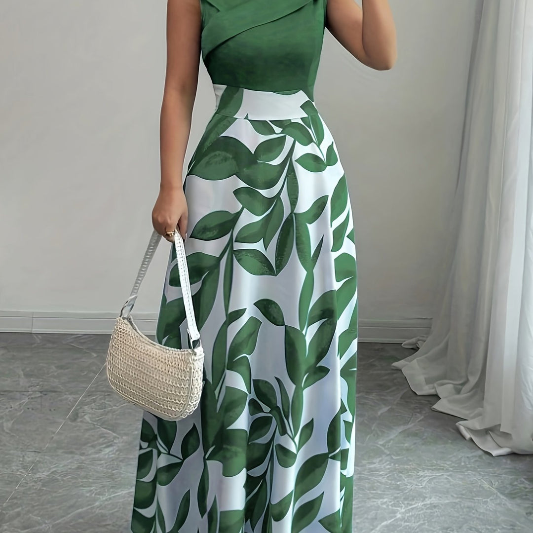 Sabrina | Elegant Leaf-Print A-Line Maxi Dress