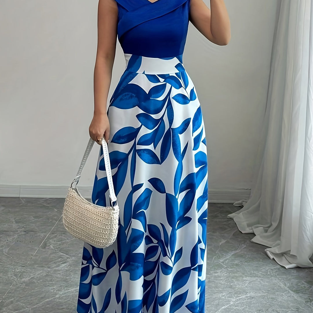 Sabrina | Elegant Leaf-Print A-Line Maxi Dress
