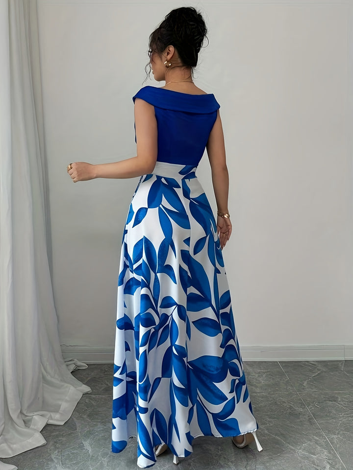 Sabrina | Elegant Leaf-Print A-Line Maxi Dress