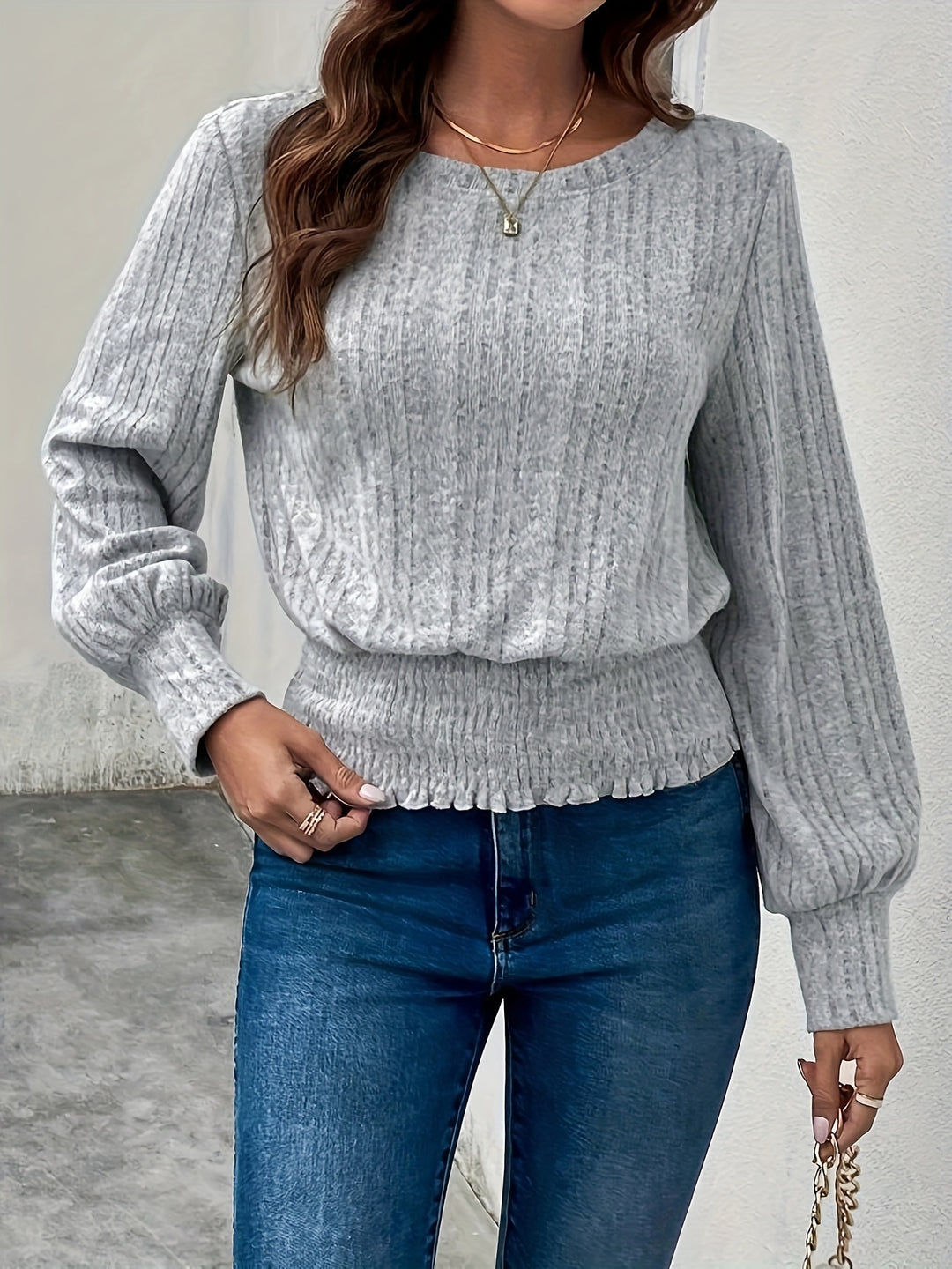 Tabitha | Ribbed Smocked-Hem Long Sleeve Top