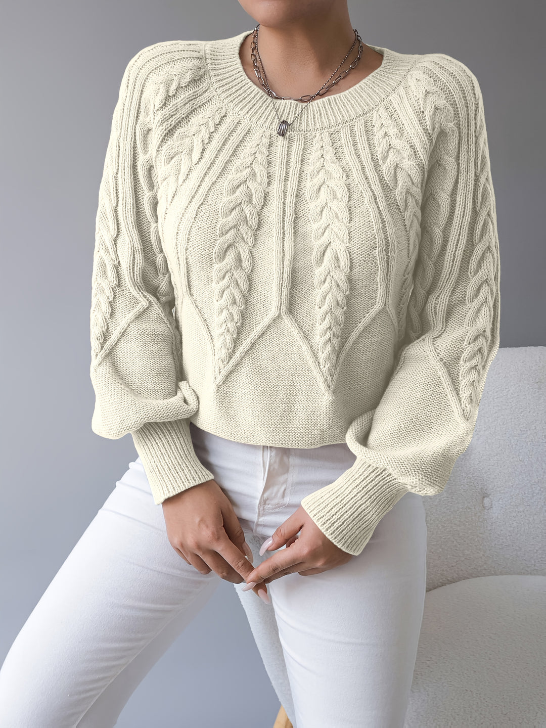 Odette | Cable-Knit Lantern Sleeve Sweater