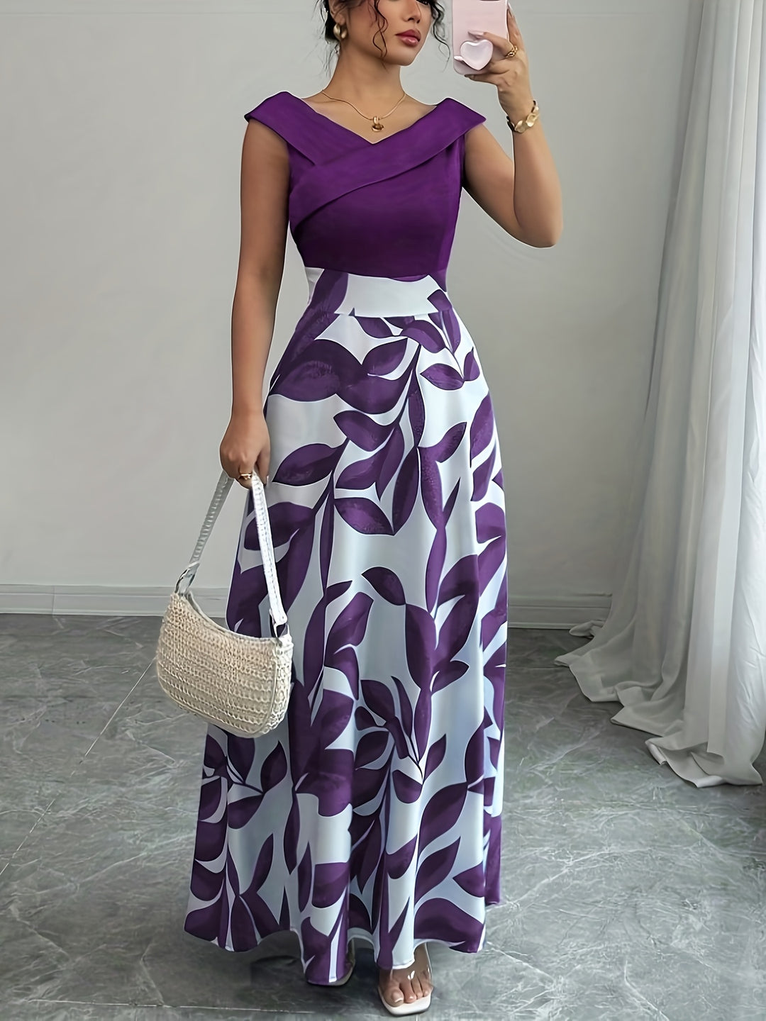 Sabrina | Elegant Leaf-Print A-Line Maxi Dress
