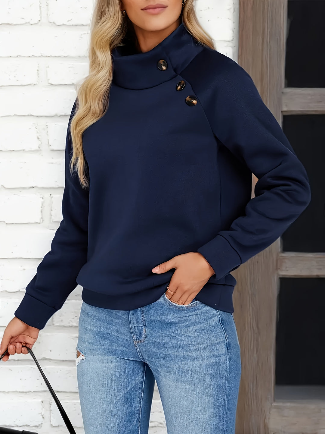 Heidi | Button-Detail Stand Collar Sweatshirt