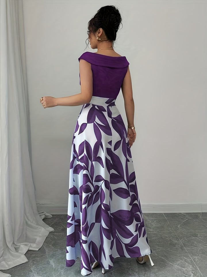 Sabrina | Elegant Leaf-Print A-Line Maxi Dress