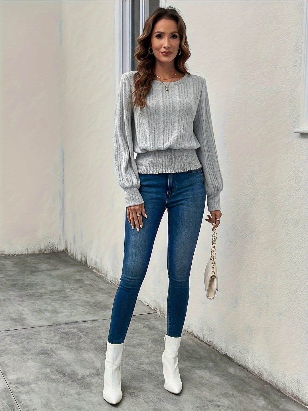 Tabitha | Ribbed Smocked-Hem Long Sleeve Top