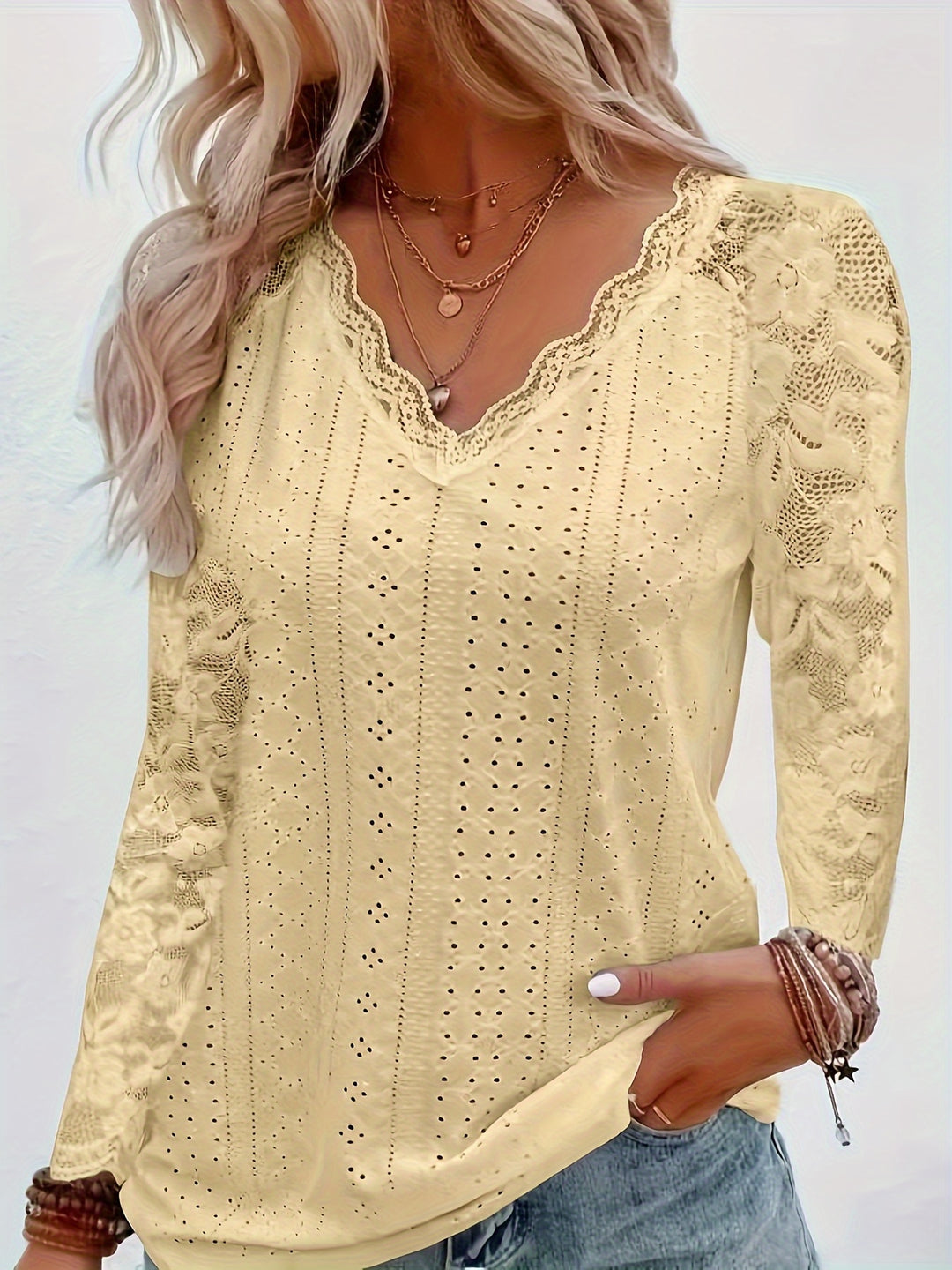 Rosetta | Lace-Sleeve Tie-Neck Top