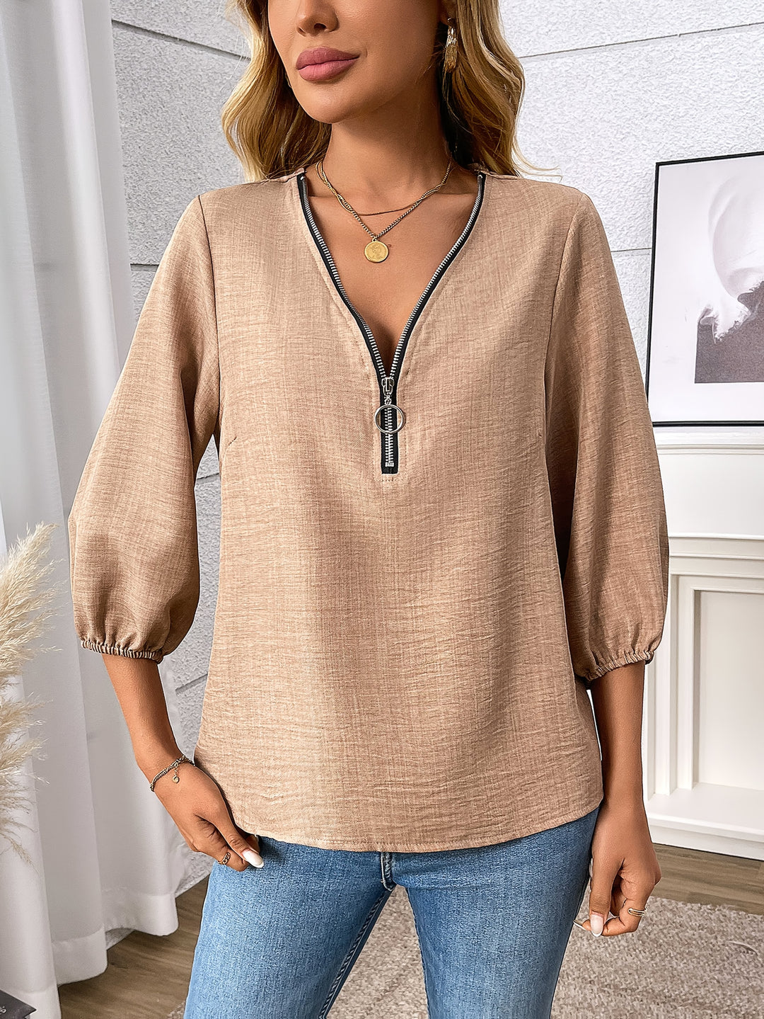 Elise | Zip-Front V-Neck Blouse