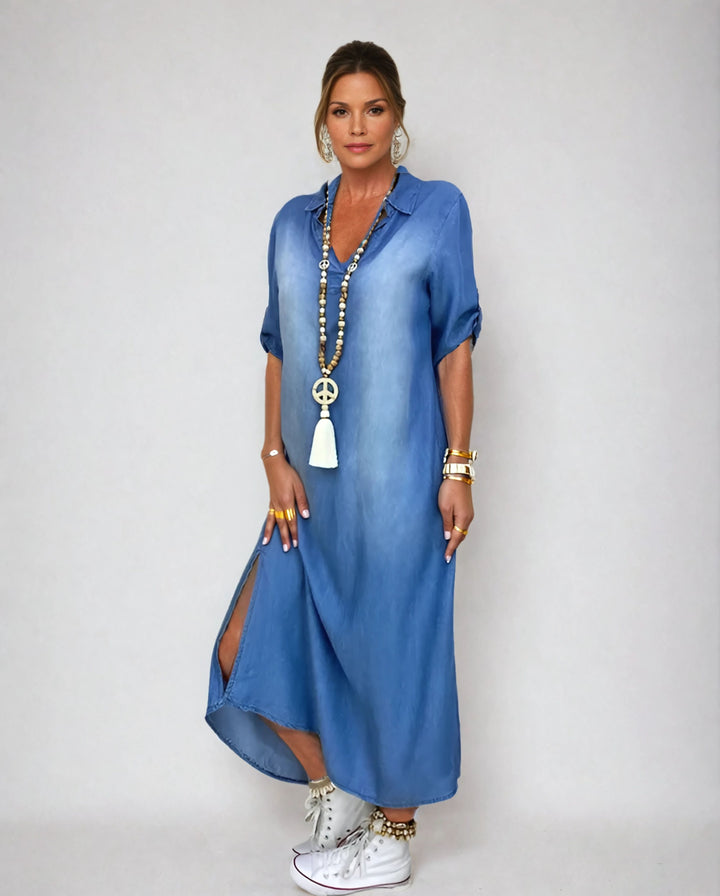 Fatima | Elegant Mid Sleeve V-Neck Plain Dress