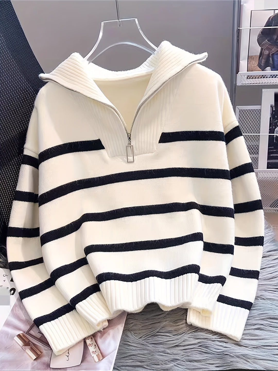 Penelope | Striped Half-Zip Collared Sweater