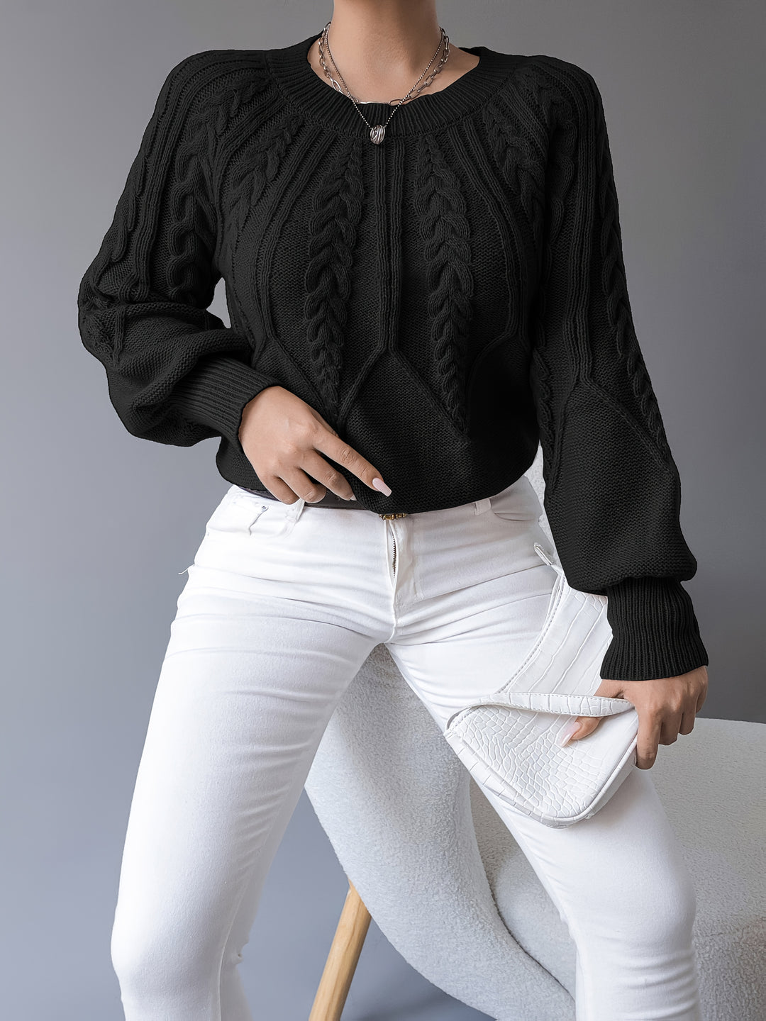Odette | Cable-Knit Lantern Sleeve Sweater