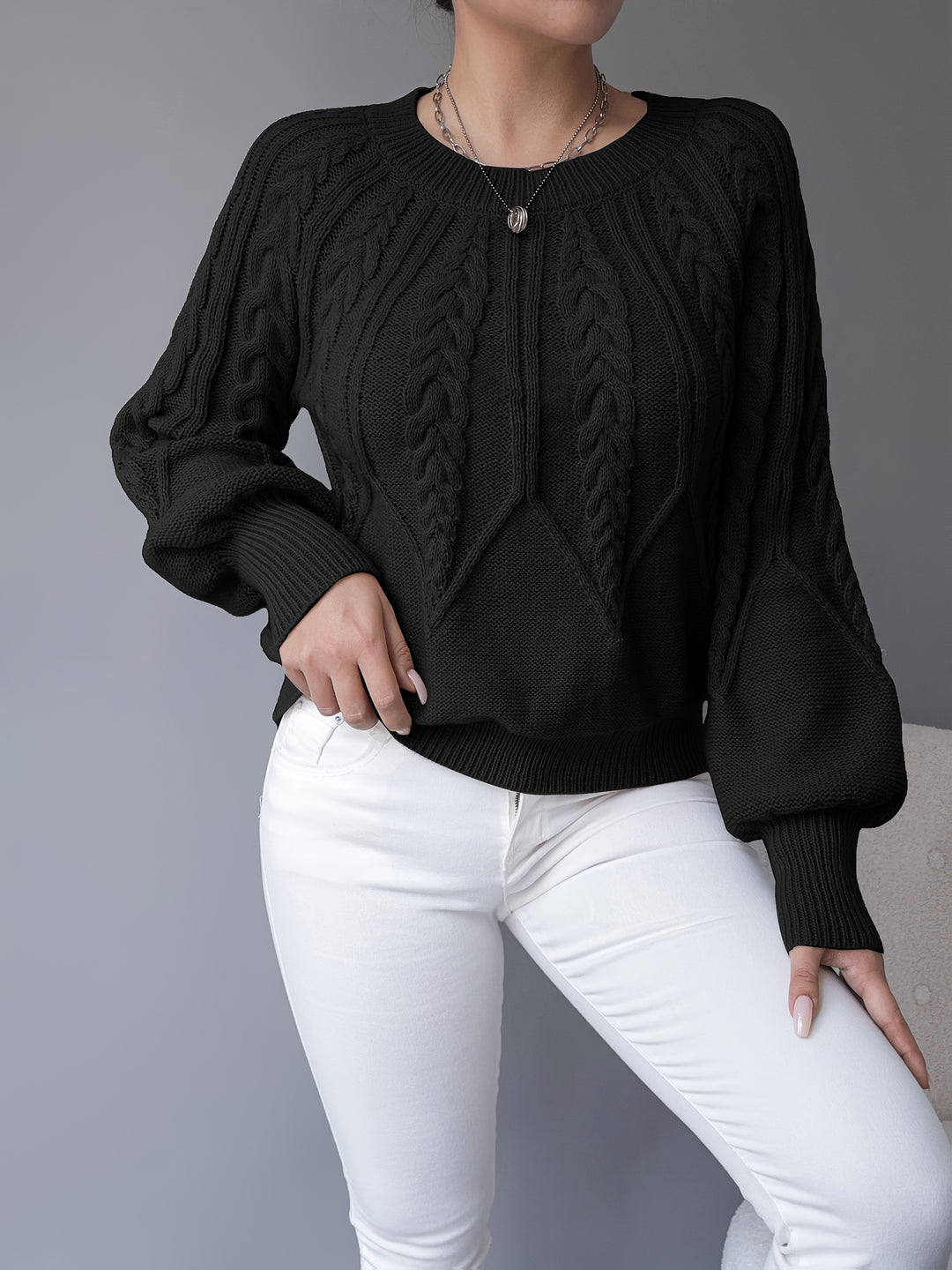 Odette | Cable-Knit Lantern Sleeve Sweater