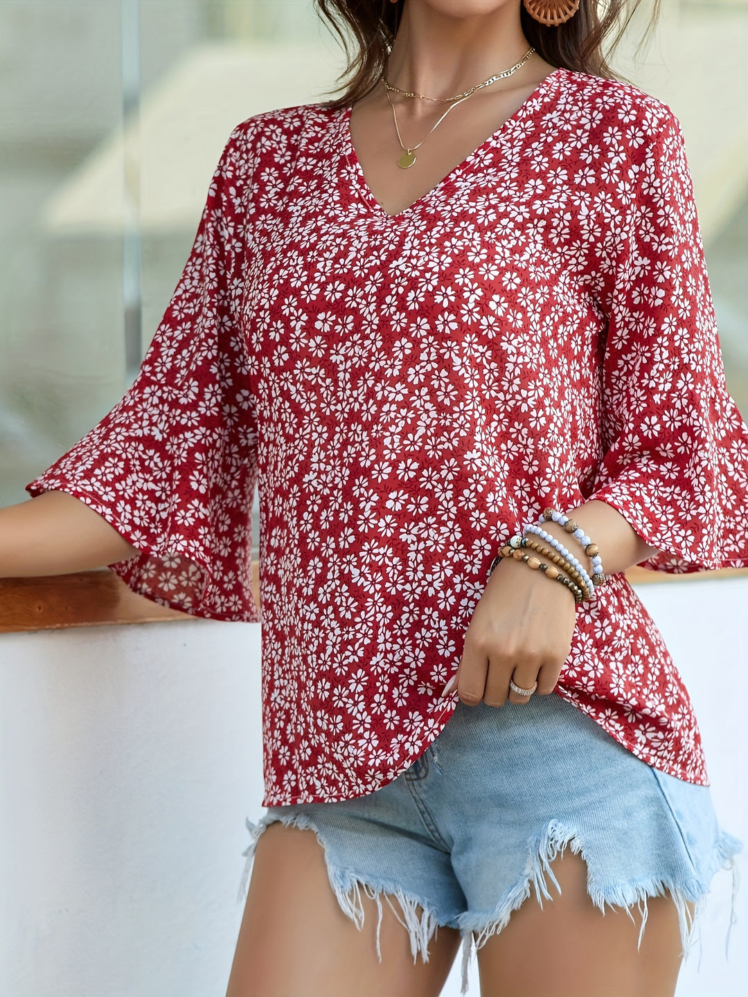 Cecily | Ditsy Floral Ruffle-Sleeve Blouse