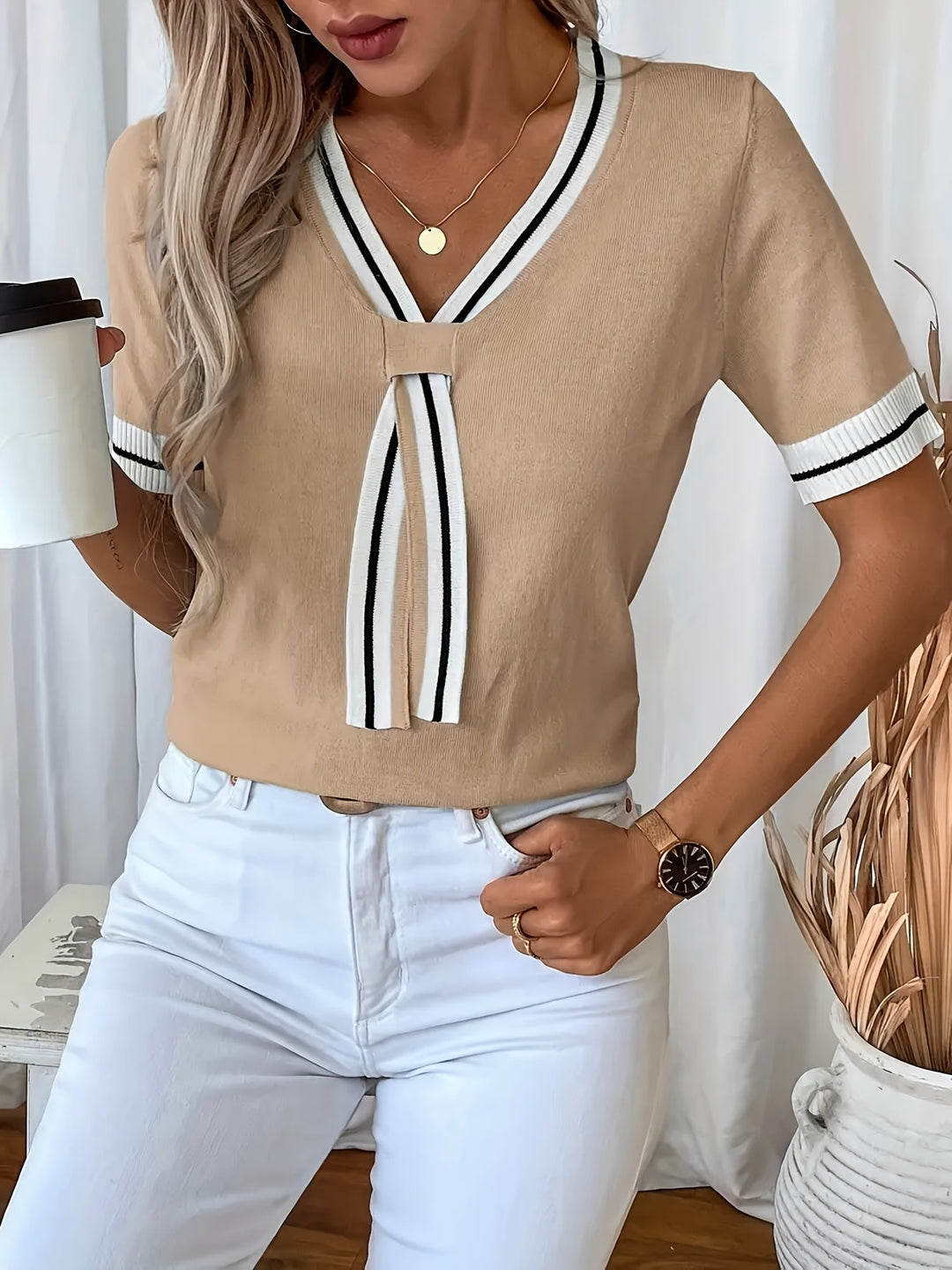 Rosabel | Contrast-Trim V-Neck Jumper