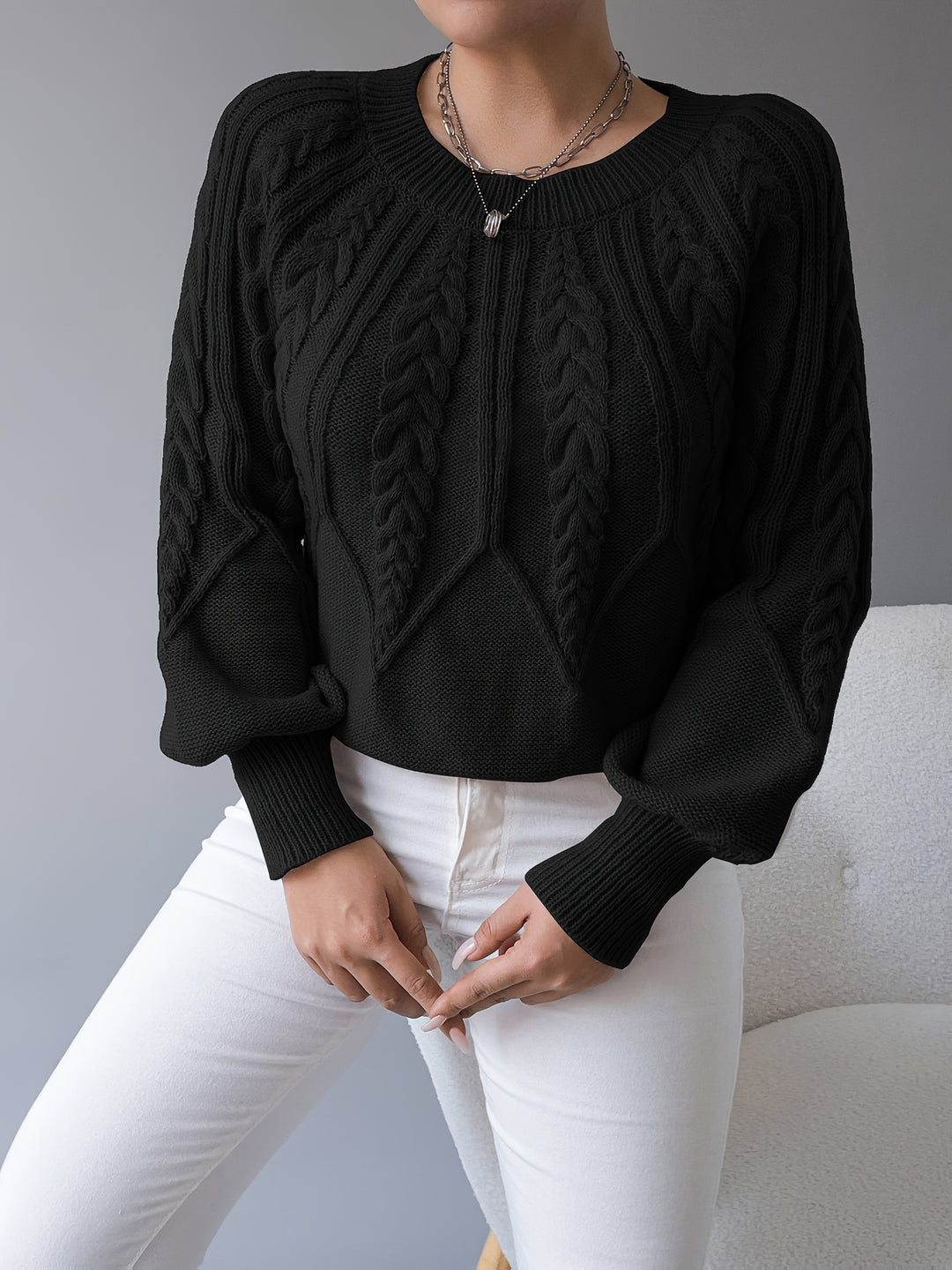 Odette | Cable-Knit Lantern Sleeve Sweater