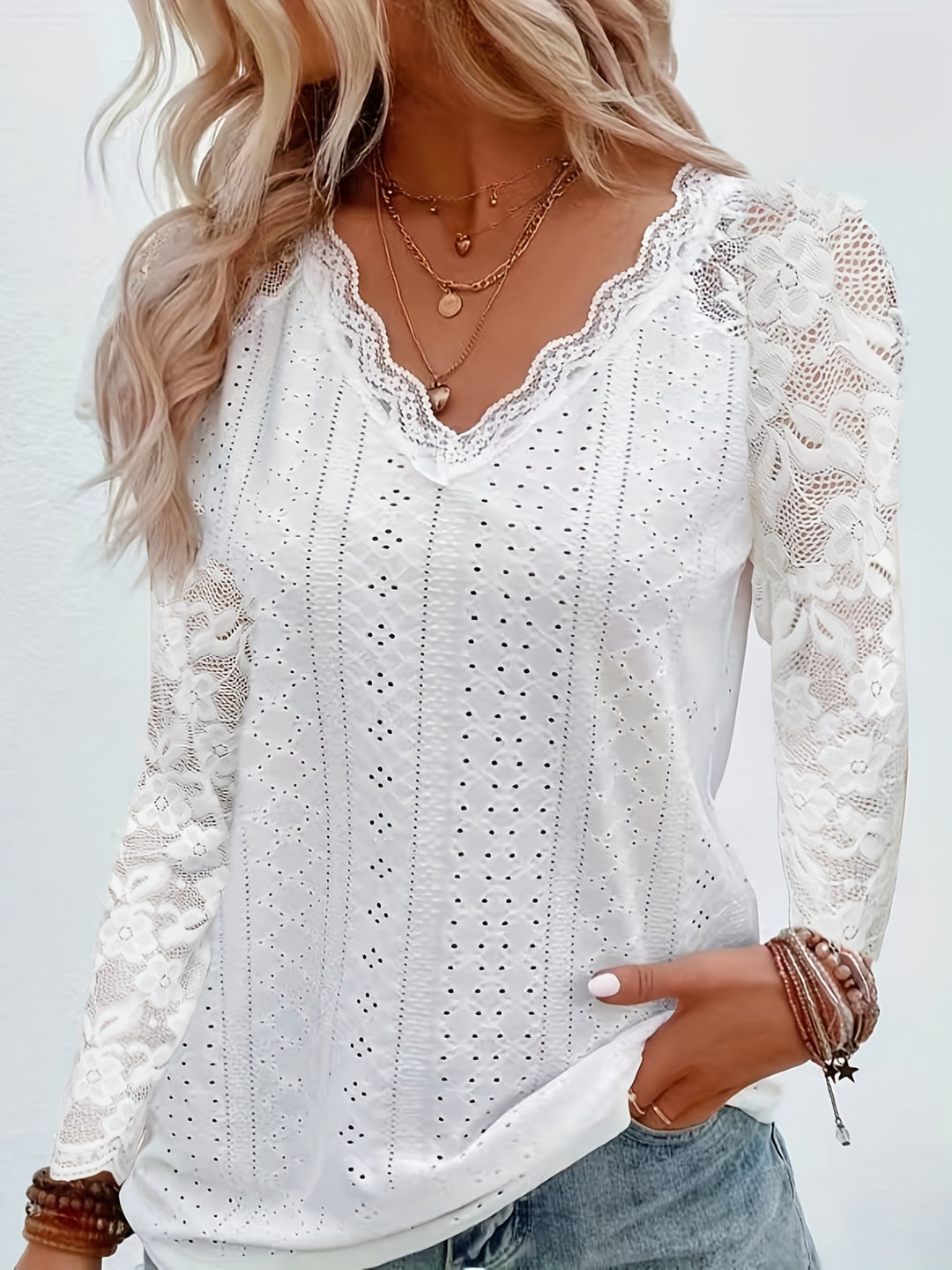 Rosetta | Lace-Sleeve Tie-Neck Top
