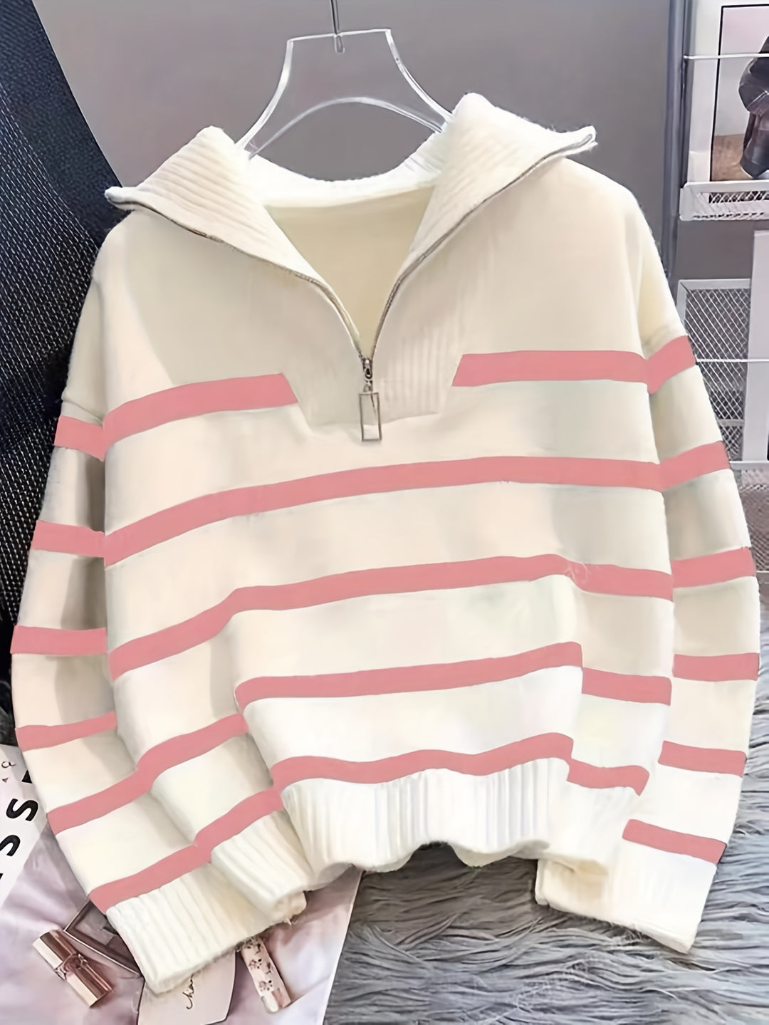 Penelope | Striped Half-Zip Collared Sweater