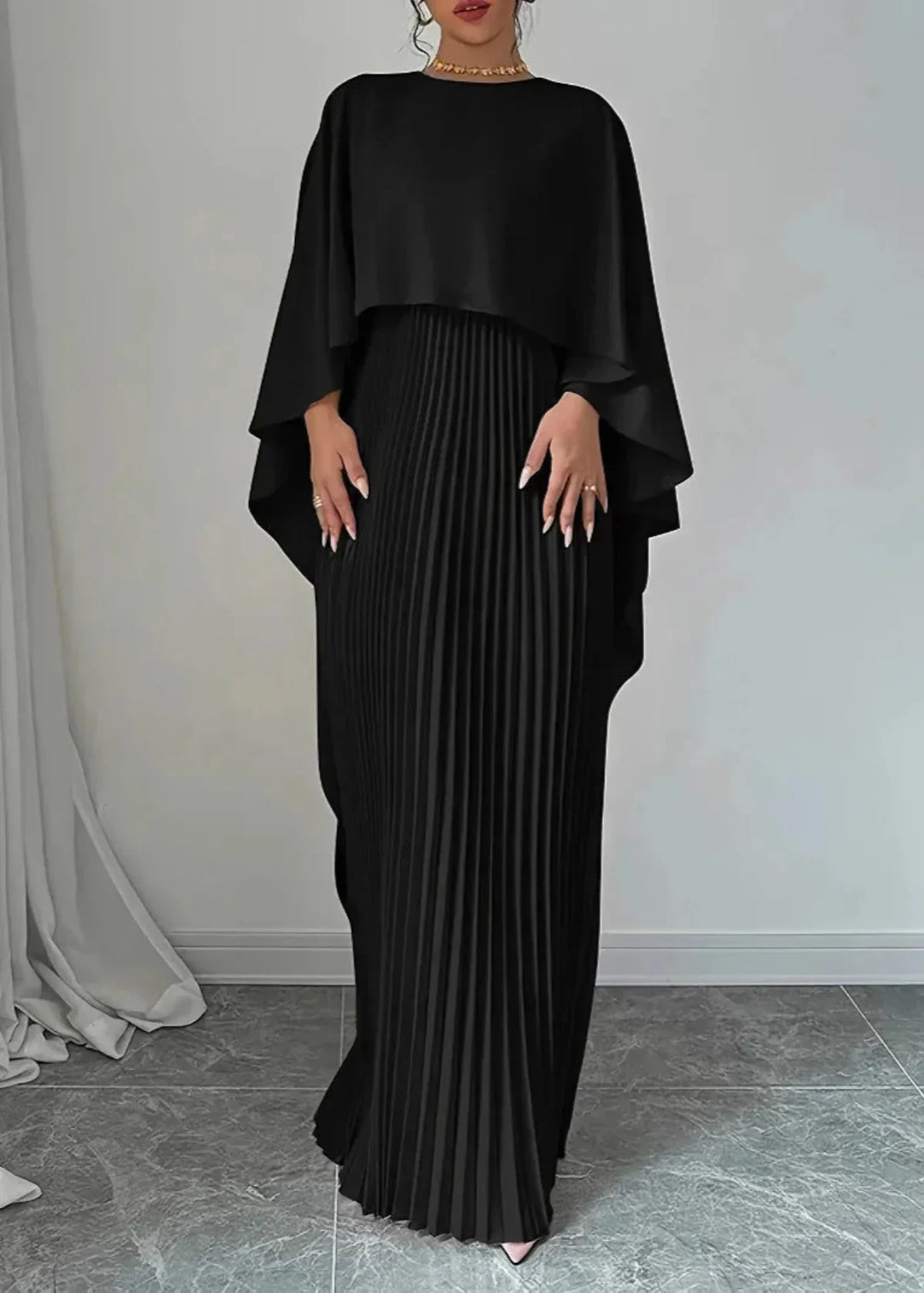 Makayla | Stylish Pleated Cape Maxi Dress