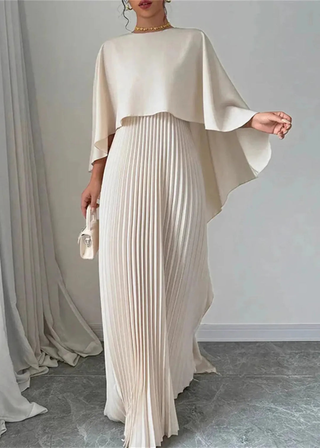 Makayla | Stylish Pleated Cape Maxi Dress
