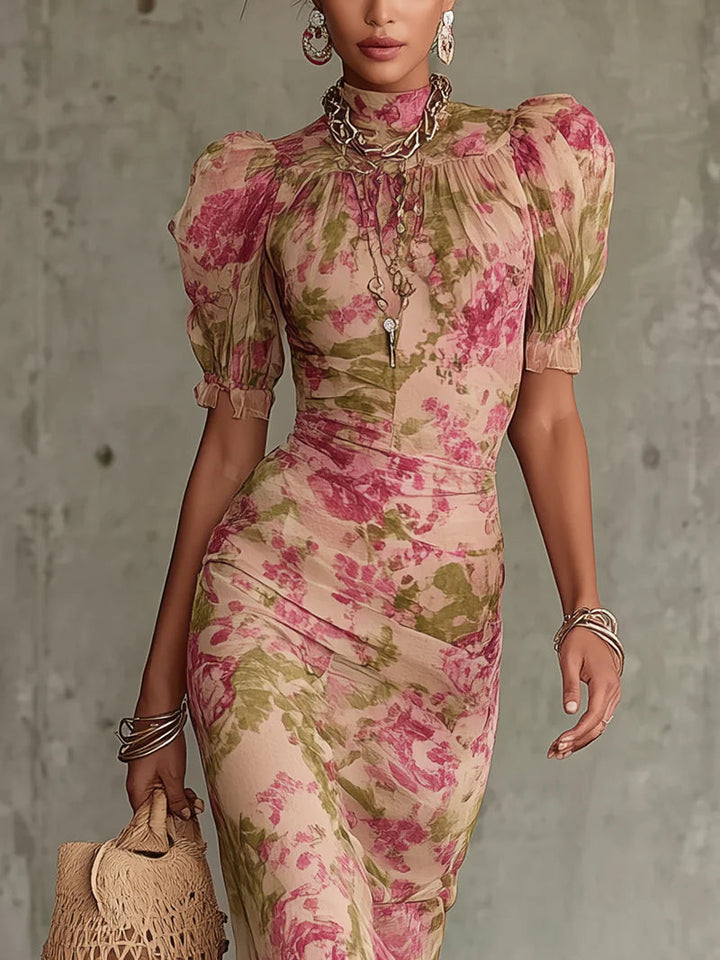 Verity | Vintage Rose Puff Sleeve Maxi Dress