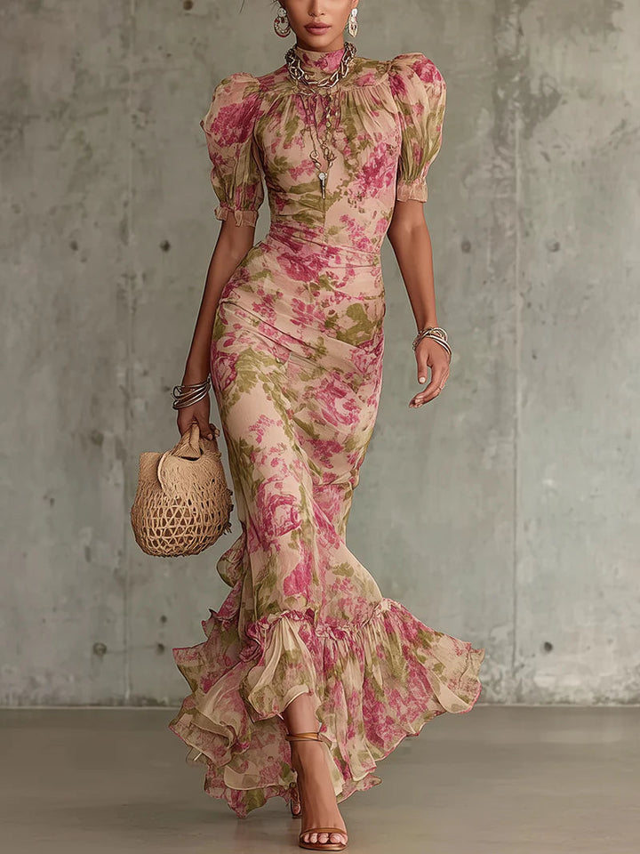 Verity | Vintage Rose Puff Sleeve Maxi Dress