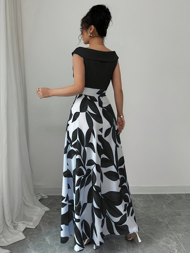 Sabrina | Elegant Leaf-Print A-Line Maxi Dress
