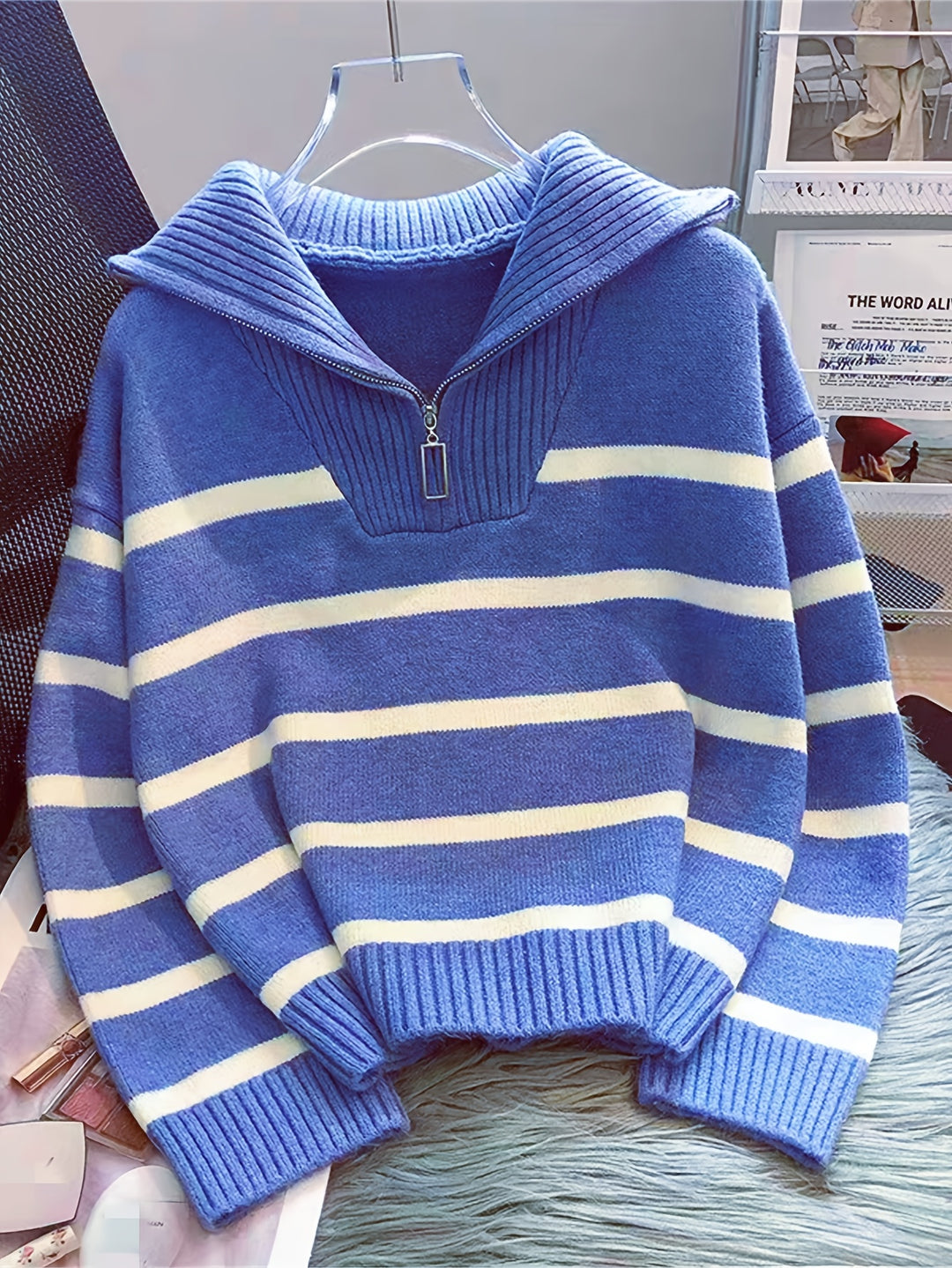 Penelope | Striped Half-Zip Collared Sweater