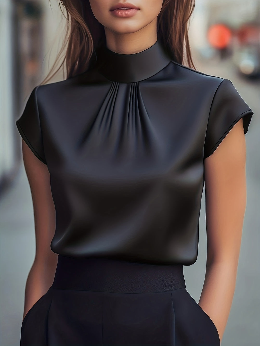 Miranda | Elegant Pleated Stand-Collar Top
