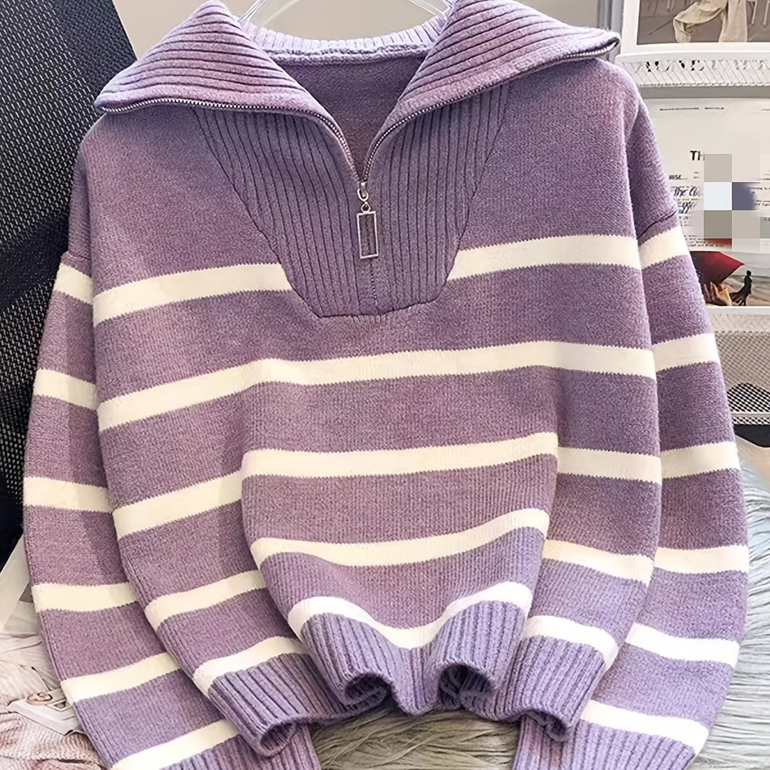 Penelope | Striped Half-Zip Collared Sweater