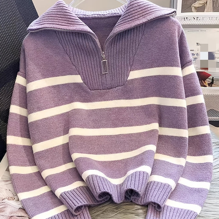 Penelope | Striped Half-Zip Collared Sweater