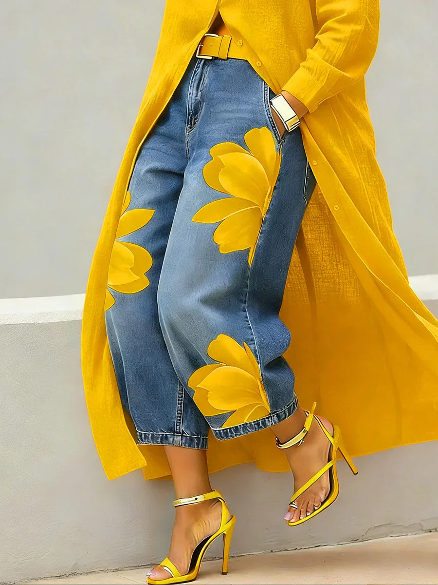 Mallory |  Stylish Shirt Dress and Floral Jeans Set