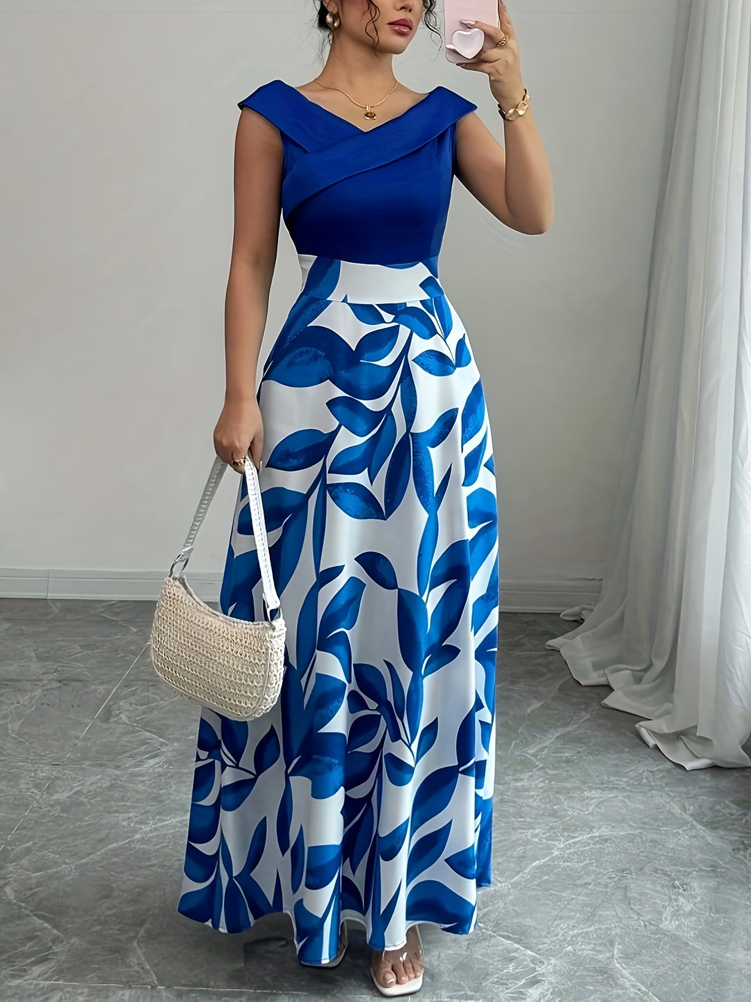 Sabrina | Elegant Leaf-Print A-Line Maxi Dress