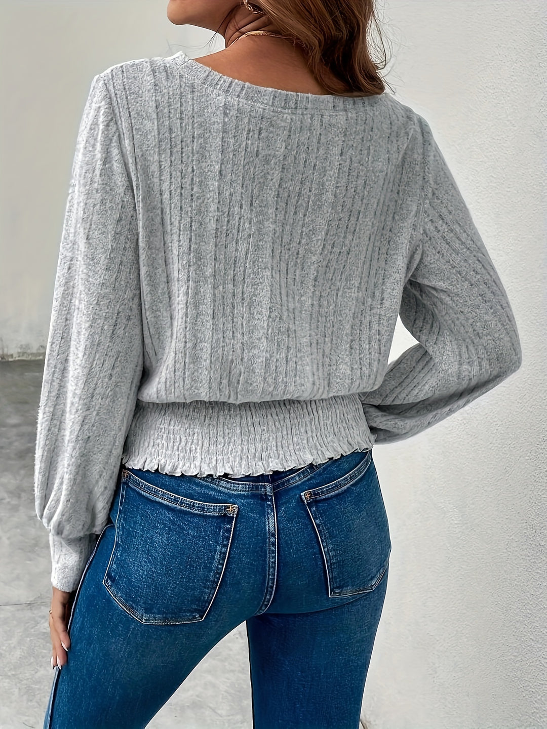 Tabitha | Ribbed Smocked-Hem Long Sleeve Top