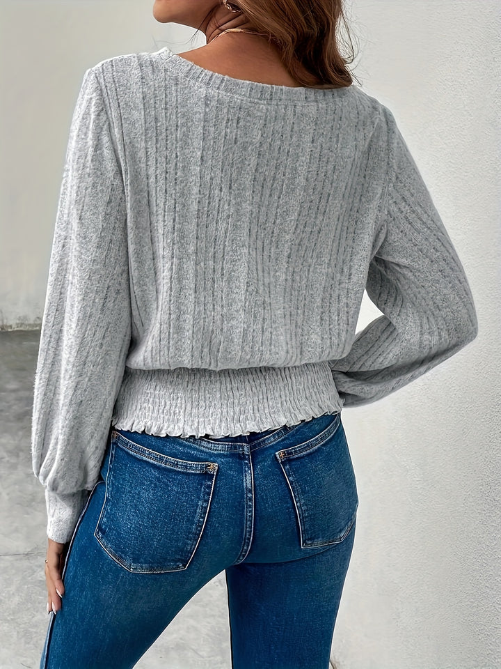 Tabitha | Ribbed Smocked-Hem Long Sleeve Top
