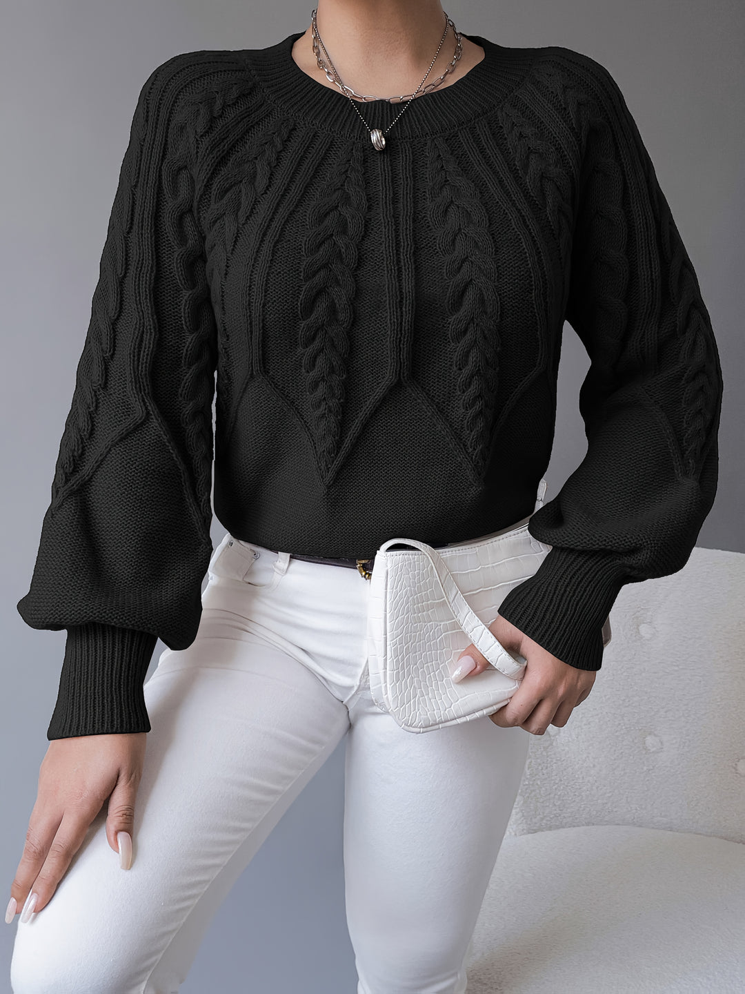 Odette | Cable-Knit Lantern Sleeve Sweater