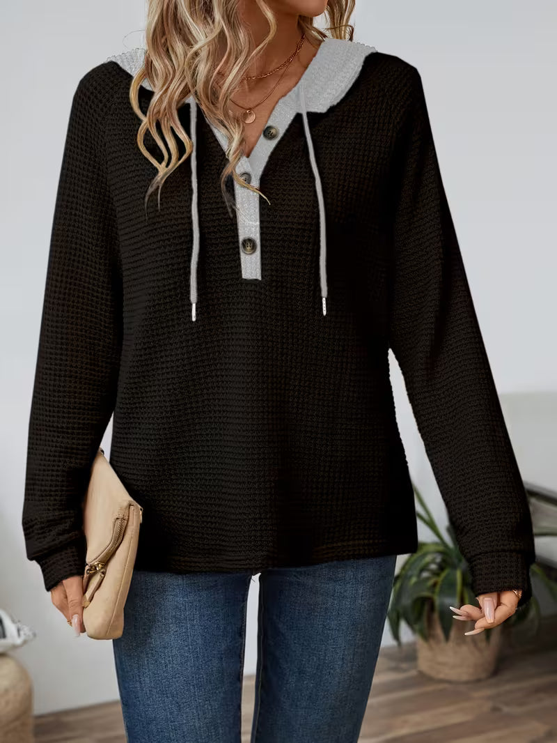 Hanna| Casual Button Waffle Knit Hoodie