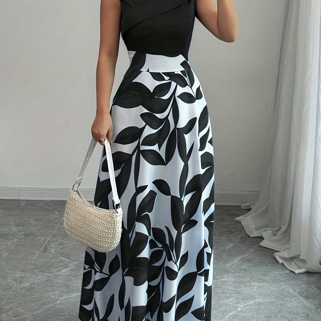 Sabrina | Elegant Leaf-Print A-Line Maxi Dress