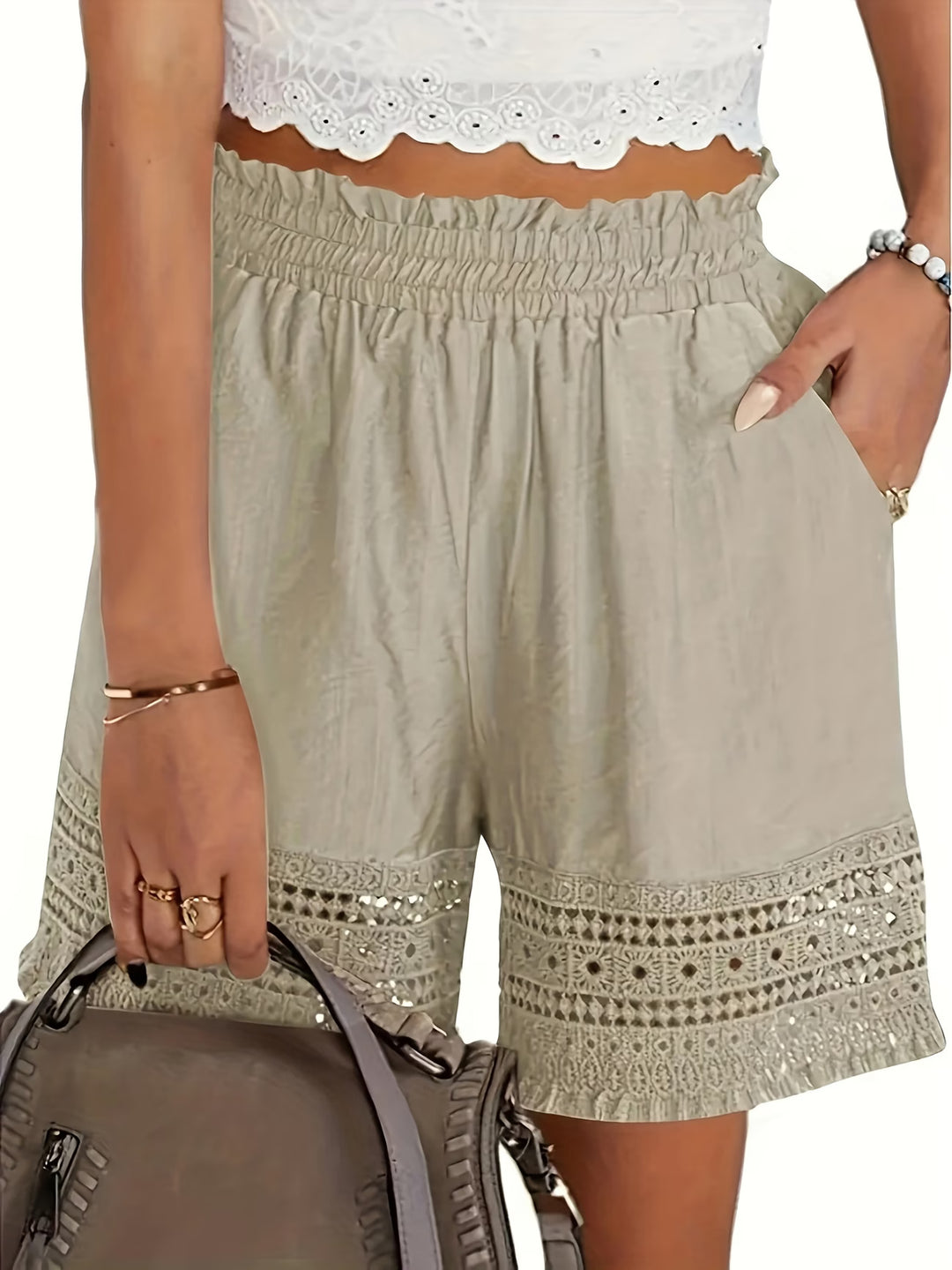 Chloette | Elegant Lace Trim Slant Pocket Shorts