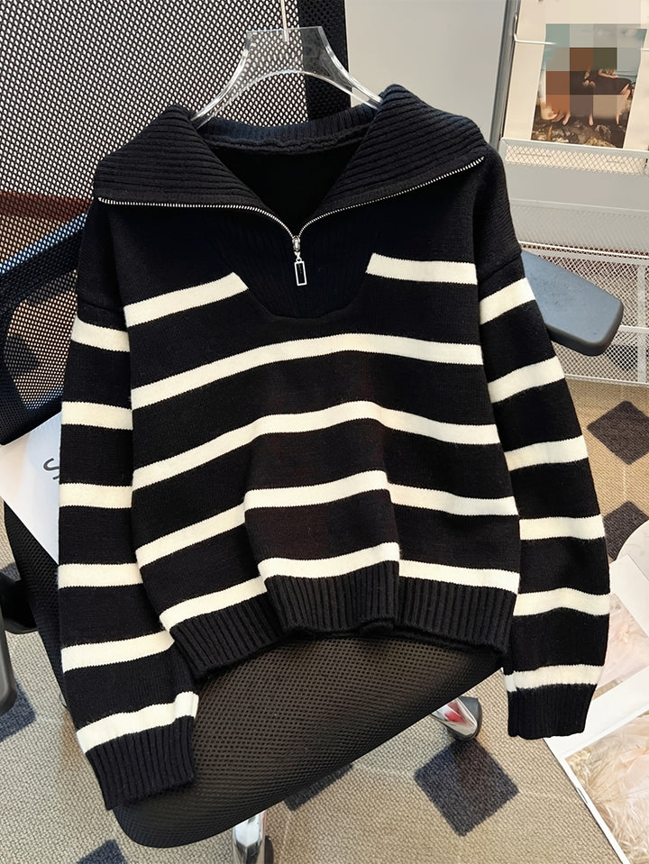 Penelope | Striped Half-Zip Collared Sweater