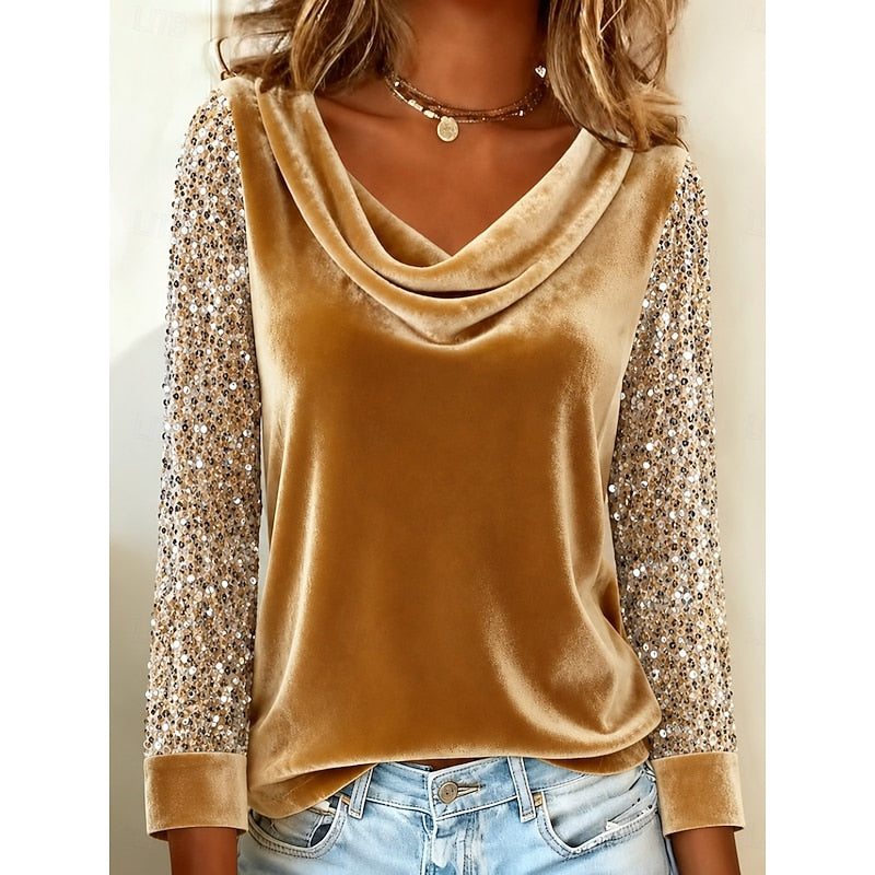 Annabel | Shimmer-Sleeve Draped Cowl Neck Top