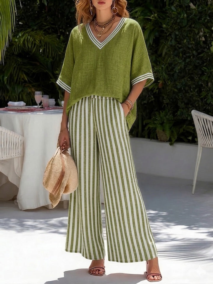 Rebecca | Stylish V-Neck and Stripe Pants Set