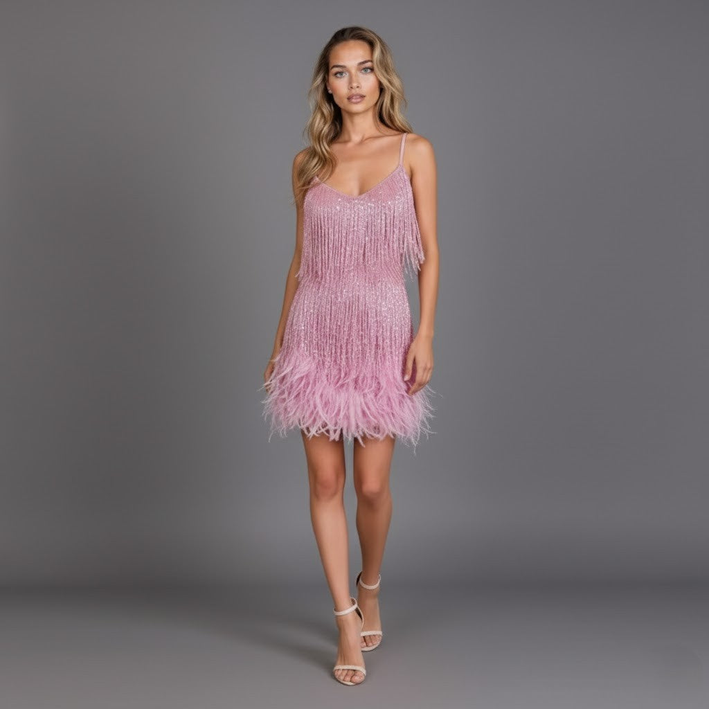 Vivienne | Fringe and Feather Party Mini Dress